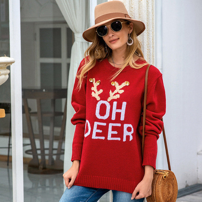 Women's Festive Reindeer Knit Jumper with Slogan Detail