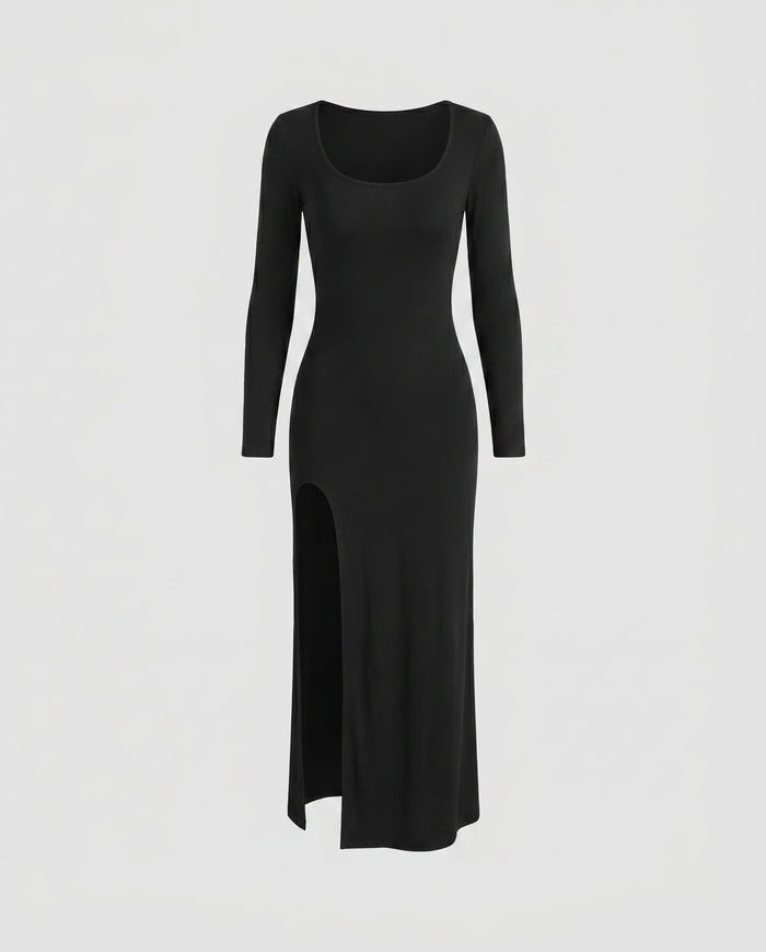 Women's Fitted Maxi Dress with Long Sleeves and High Slit