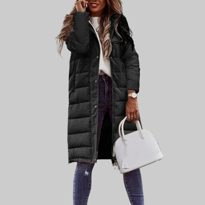 Women's Quilted Long Hooded Coat with Snap Storm Flap