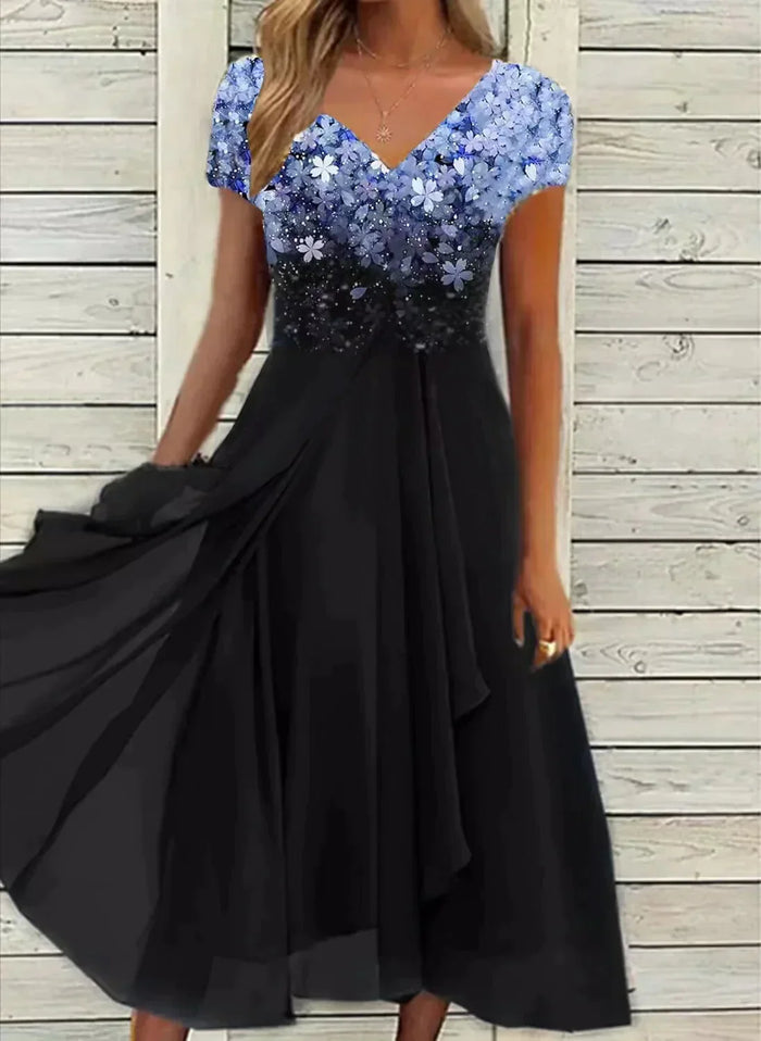 Women's Floral Ombré Midi Dress V-Neck Short Sleeve