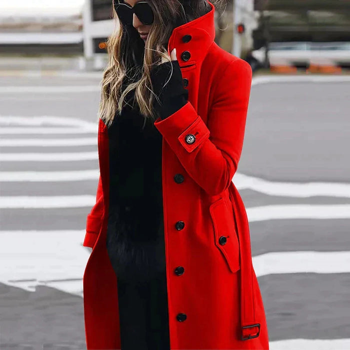 Women's Red Double-Breasted Trench Coat with Belt