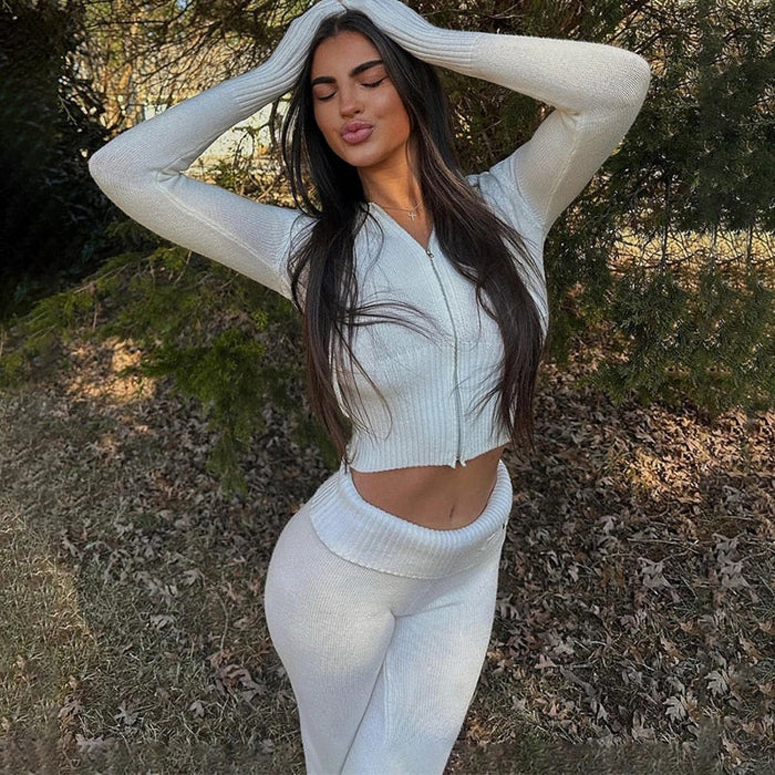 Women's Ribbed Zip-Front Crop Top with Flared Trousers Set
