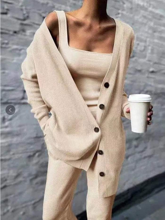 Women's Three-Piece Knit Set with Button-Front Cardigan