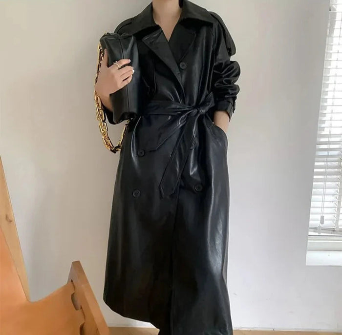 Women's Longline Belted Coat with Lapel Collar