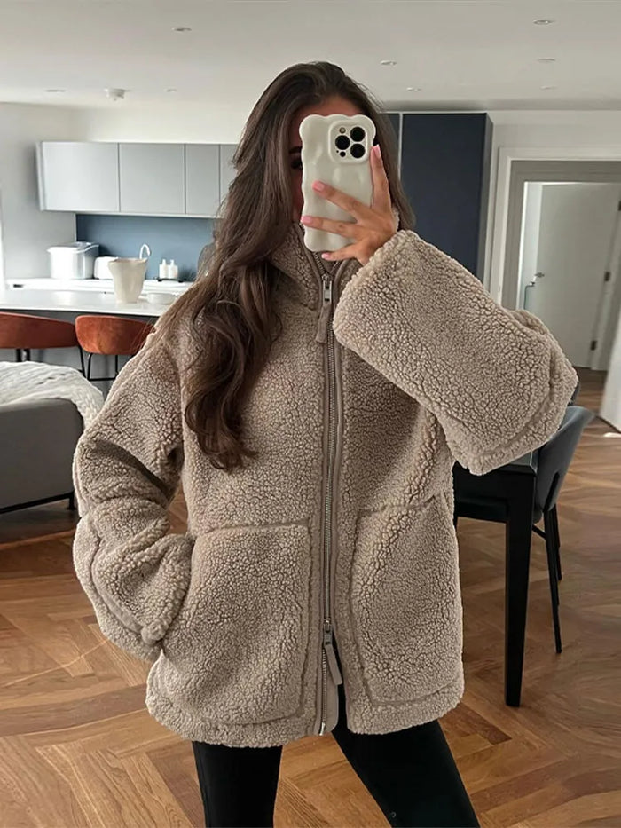 Women's Zip-Up Teddy Jacket with High Neck and Pockets