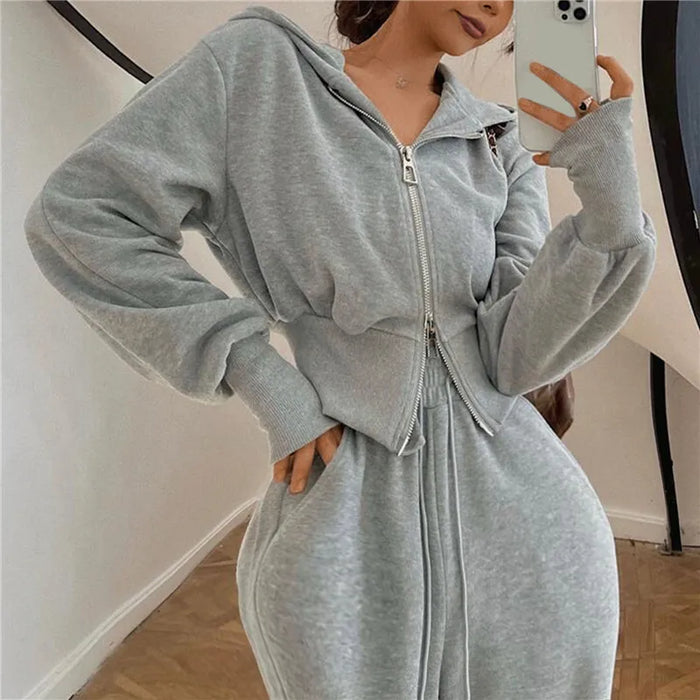 Women's Zip-Up Hoodie and Joggers Set with Drawstring