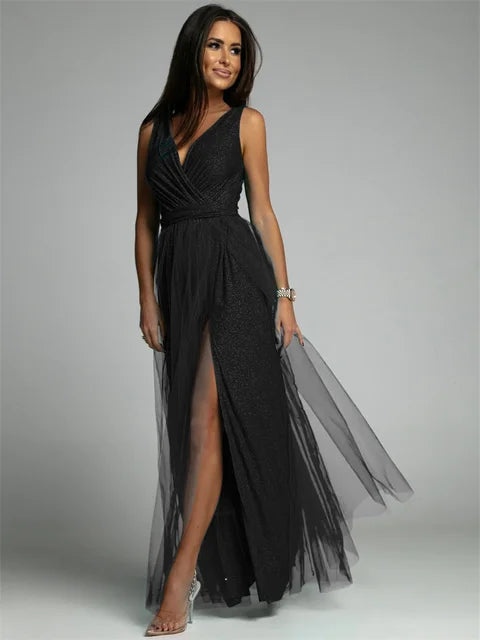 Women's Sleeveless V-Neck Evening Gown with Side Split