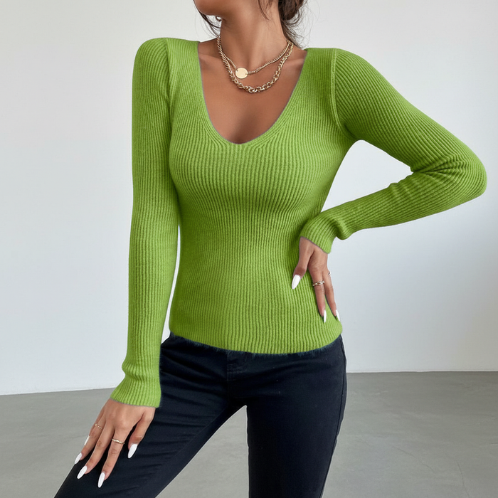 Women's Ribbed V-Neck Jumper Long Sleeve Fitted