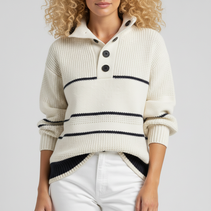 Women's Striped Knit Jumper with Button Collar