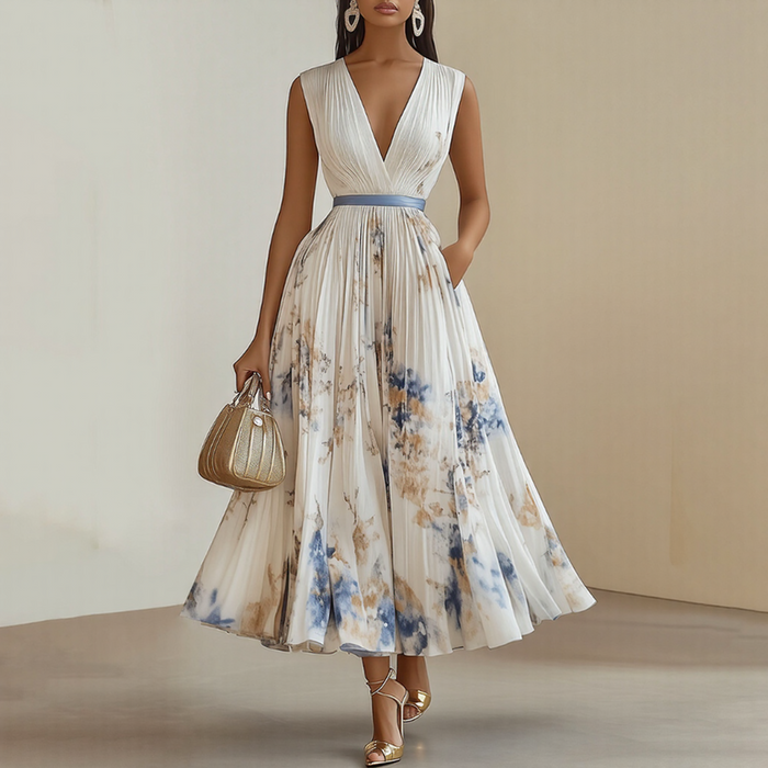 Women's Pleated Maxi Dress V-Neck with Tie Waist