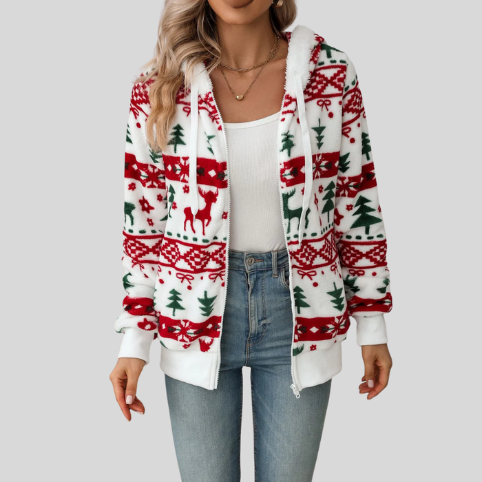 Women's Christmas Hooded Zip-Up with Fairisle Print