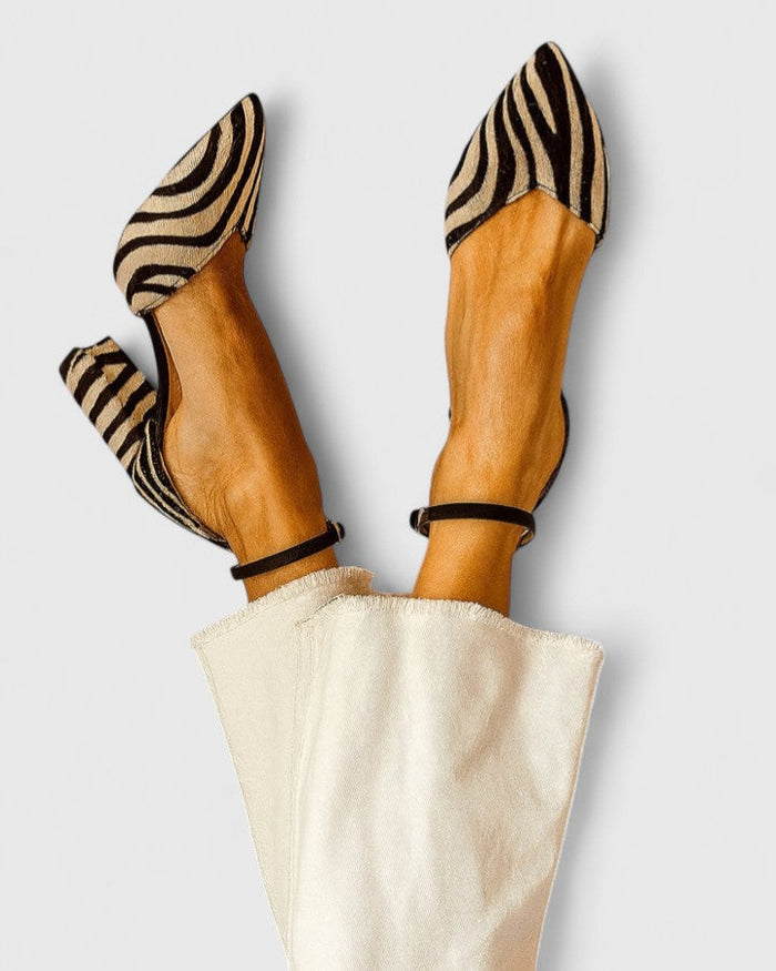Women's Zebra Stripe Pointed Block Heel Shoes with Ankle Strap