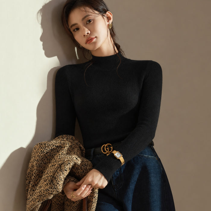 Women's Rib Knit Mock Neck Jumper with Long Sleeves