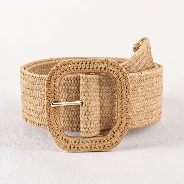 Women's Wide Woven Belt with Square Buckle Statement