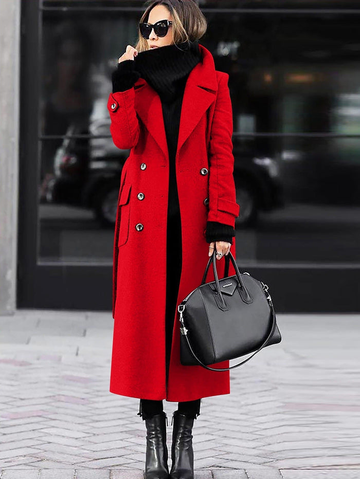 Women's Double-Breasted Long Wool Coat with Notched Lapel