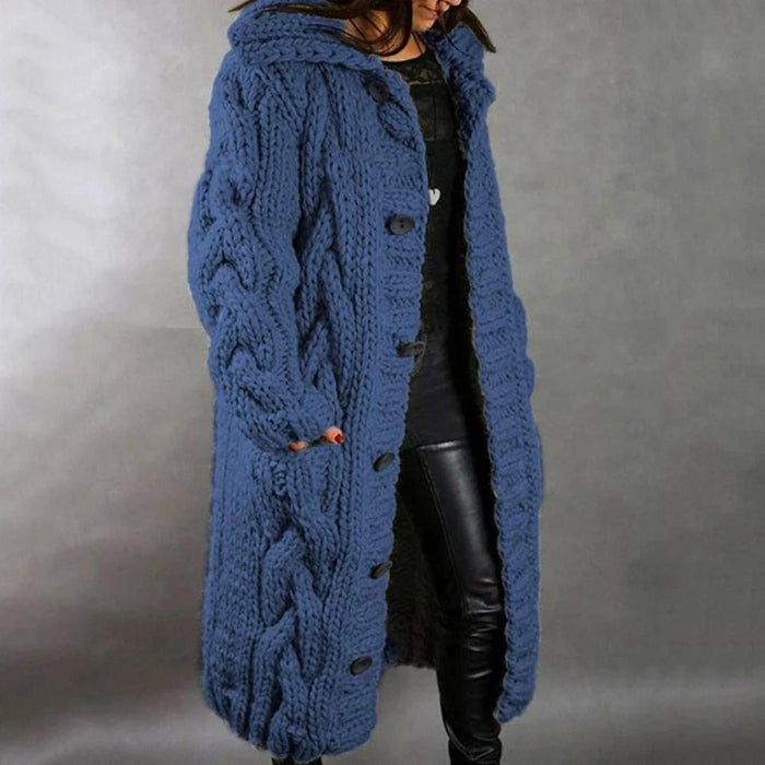 Women's Cable-Knit Long Cardigan with Hood and Pockets