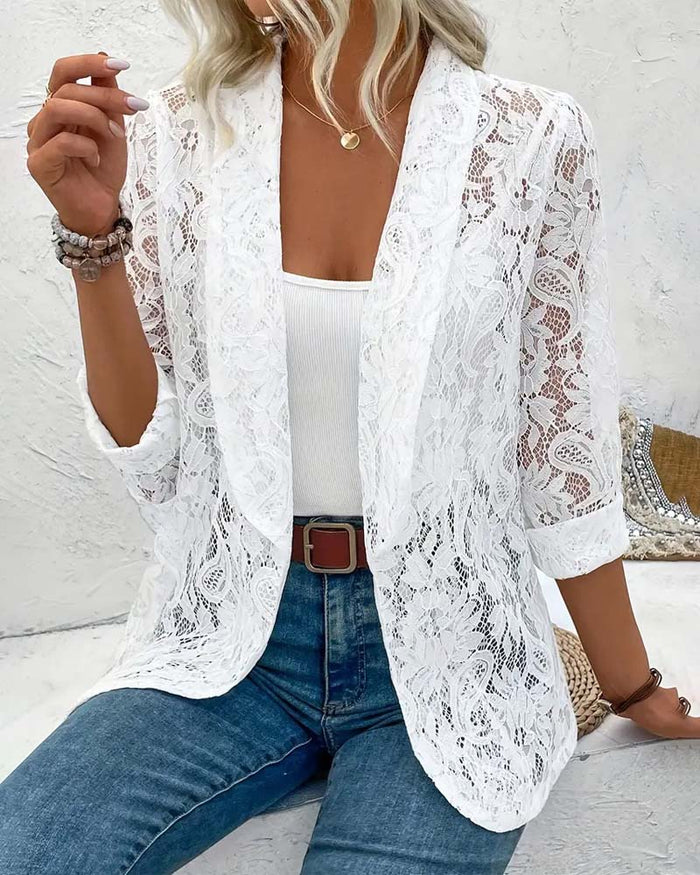Women's Lace Open Front Blazer Lightweight 3/4 Sleeve