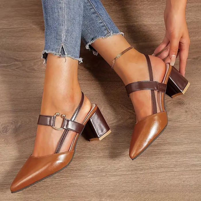 Women's Pointed Block Heel Sandals with Metal Detail Strap
