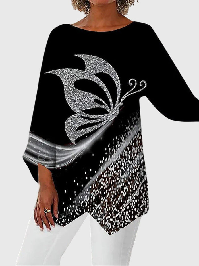 Women's Butterfly Print Long-Sleeve Top with Asymmetric Hem