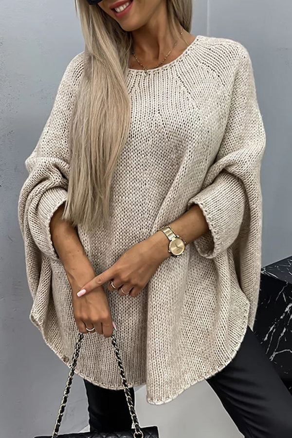 Women's Open-Knit Poncho with Round Neck and Flowing Fit