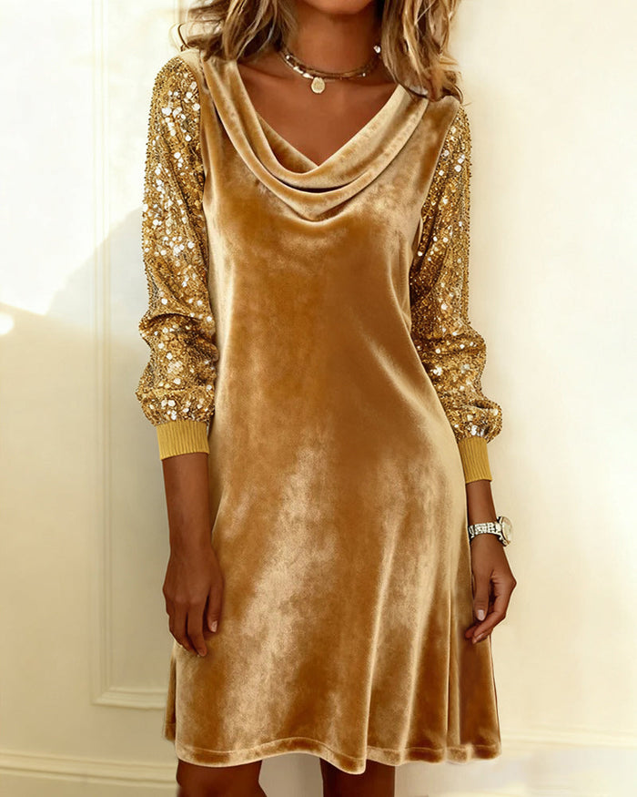 Women's Sequin Sleeve Shift Dress with Draped Cowl Neck