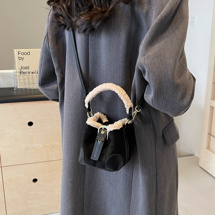 Millie | Small plush-trim bucket crossbody bag
