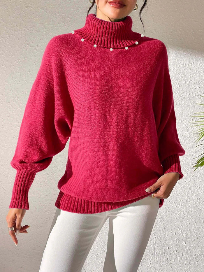 Women's Turtleneck Jumper Pearl Detail Relaxed Fit