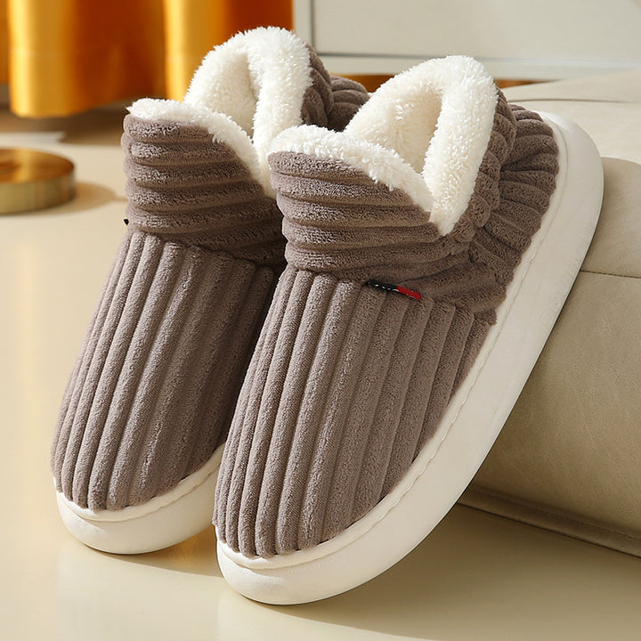 Ribbed plush house shoes with fleece collar