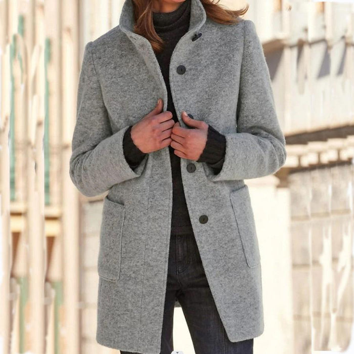 Women's Stand Collar Coat Button-Front Mid-Length