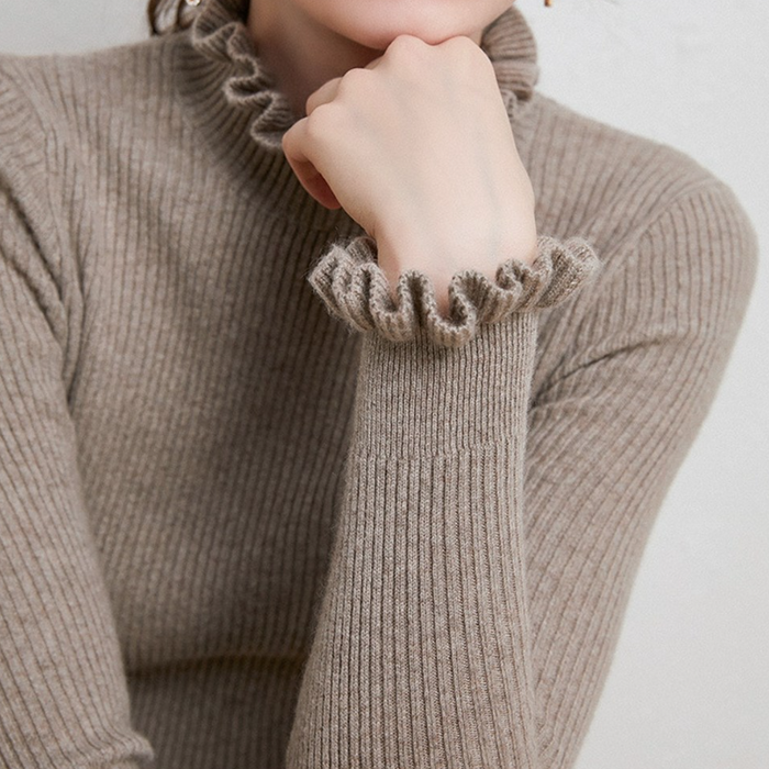 Women's Ribbed Roll Neck Jumper with Ruffle Details