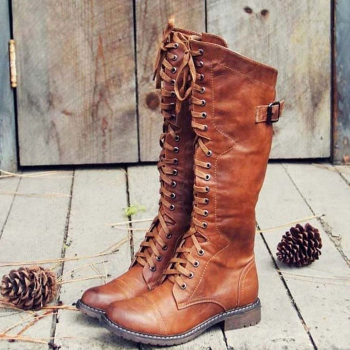 Women's Lace-Up Knee-High Riding Boots with Buckle
