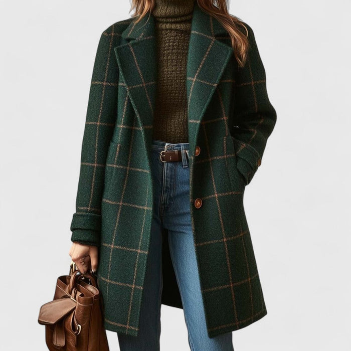 Women's Checked Double-Breasted Coat with Notched Lapels