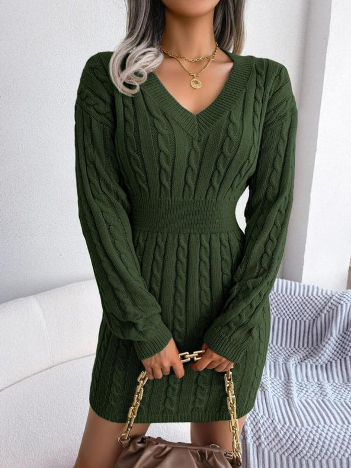 Women's Cable-Knit V-Neck Jumper Dress with Cinched Waist