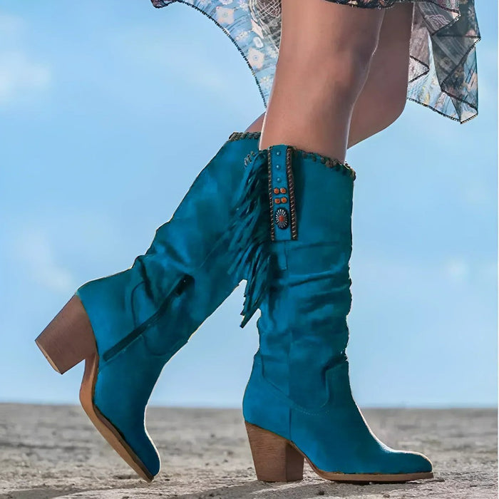 Women's Fringed Western Knee-High Boots Block Heel