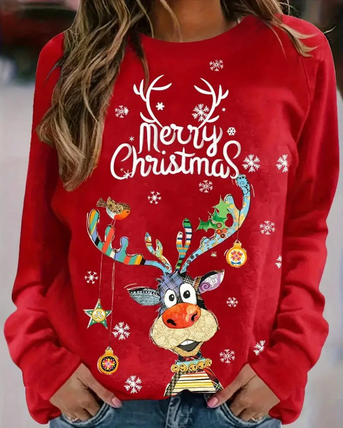 Women's Reindeer Print Crew Neck Jumper with Raglan Sleeves