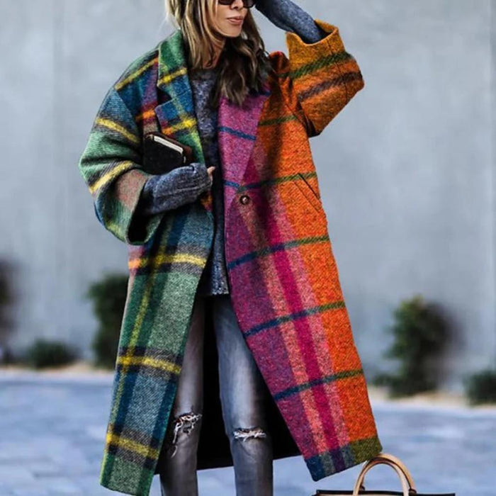 Women's Multicolour Checked Long Coat with Notched Lapel