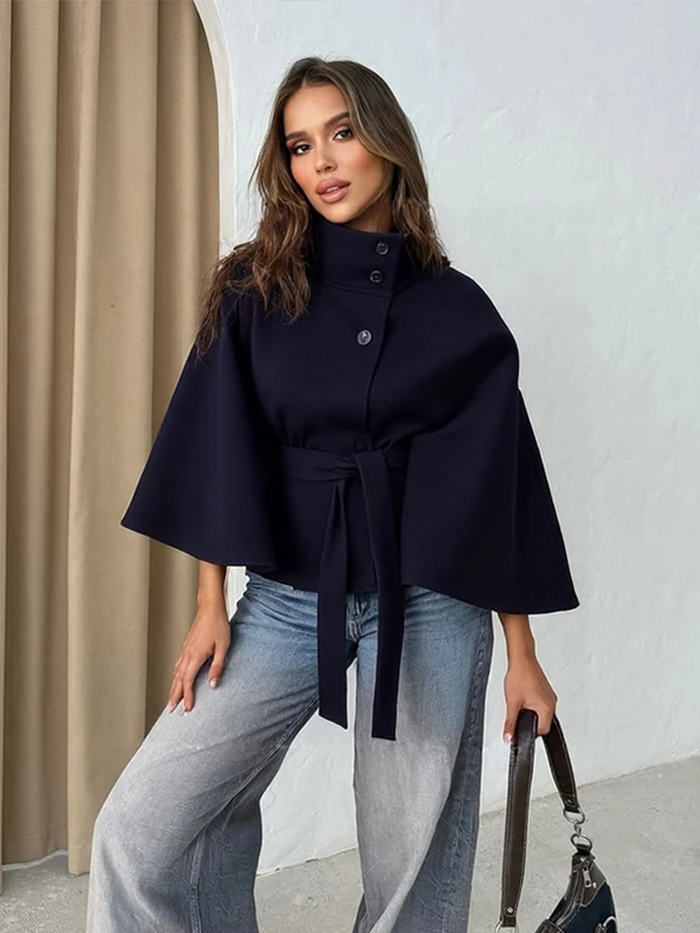 Women's Cape Jacket with High Collar and Tie Belt
