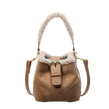 Small plush-trim crossbody bucket bag
