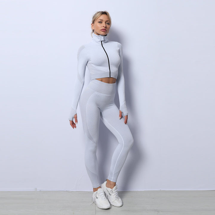 Woman wearing three-piece seamless gym set