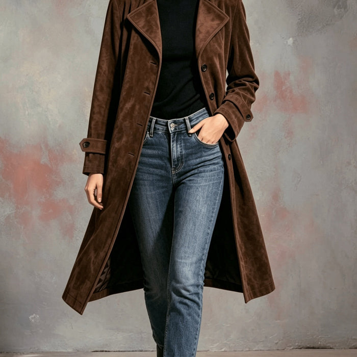 Women's Longline Coat with Notched Lapel Button Front