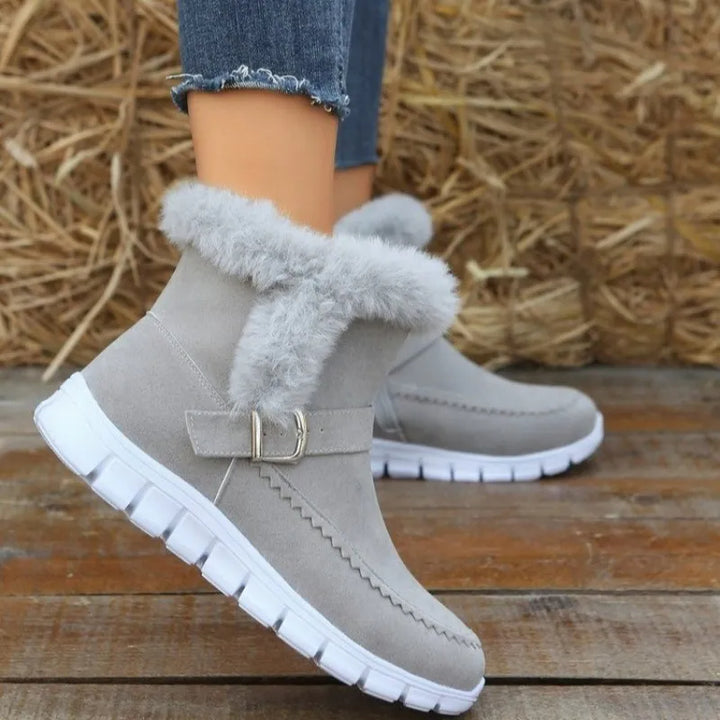 Faux suede snow boots with buckle strap