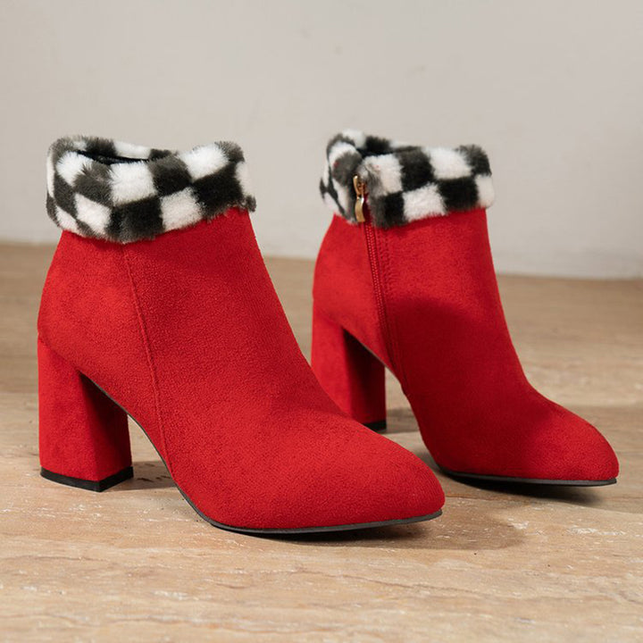 Pointed toe ankle boots with fluffy cuff