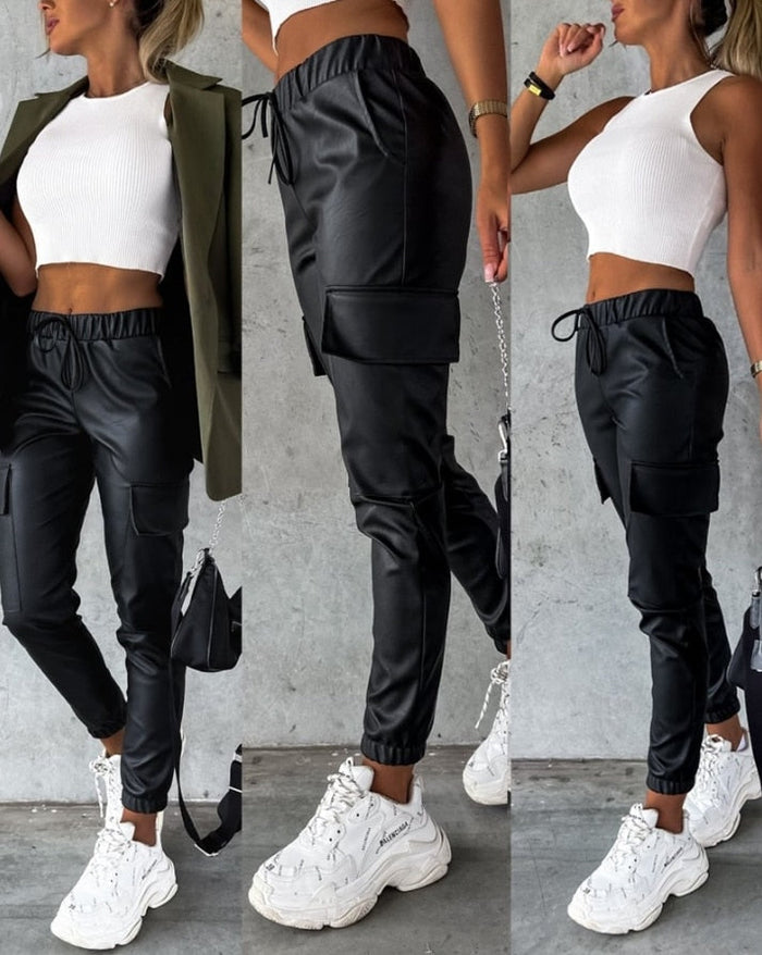 Faux Leather Cargo Trousers for Women - Jade
