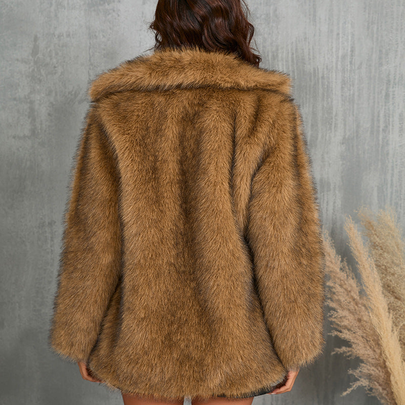 Woman in a long fluffy faux fur coat