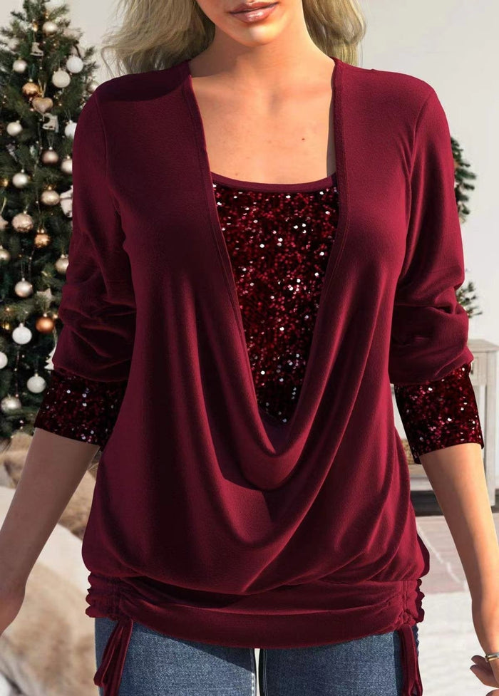 Women's Draped Sequin Panel Top with Ruched Hem
