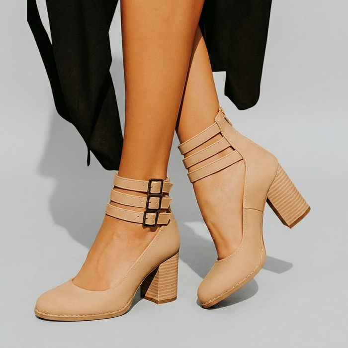 Women's Block Heel Shoes with Ankle Buckle Strap