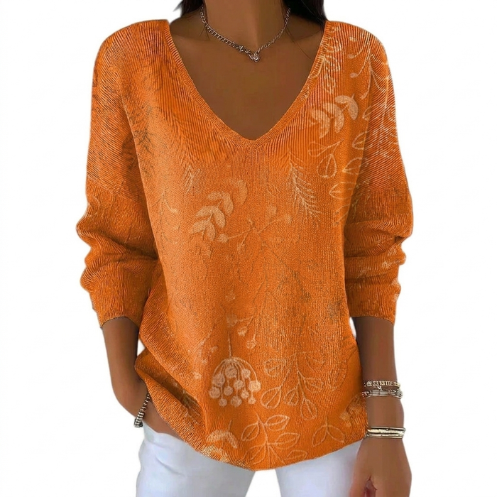 Women's V-Neck Relaxed Jumper with Floral Pattern