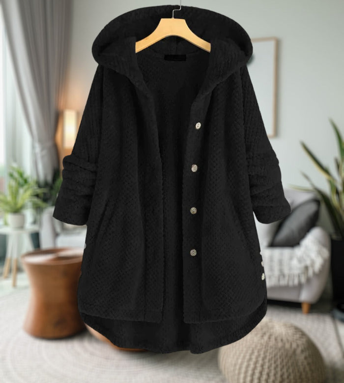 Women's Hooded Teddy Fleece Jacket Button-Front