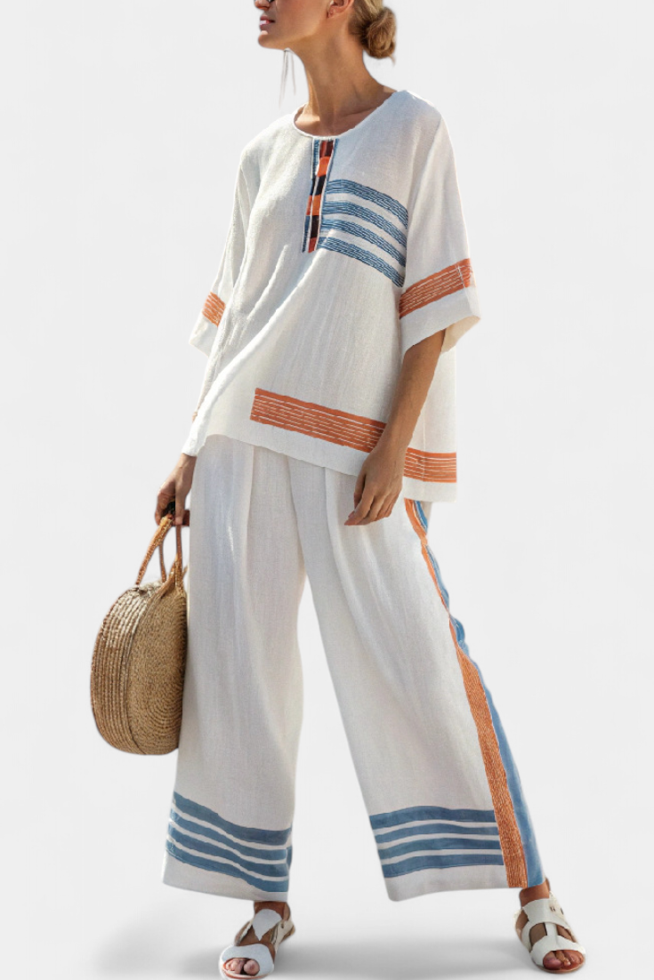 Marcellin | Sophisticated Blue-Orange Striped Top &amp; Trousers