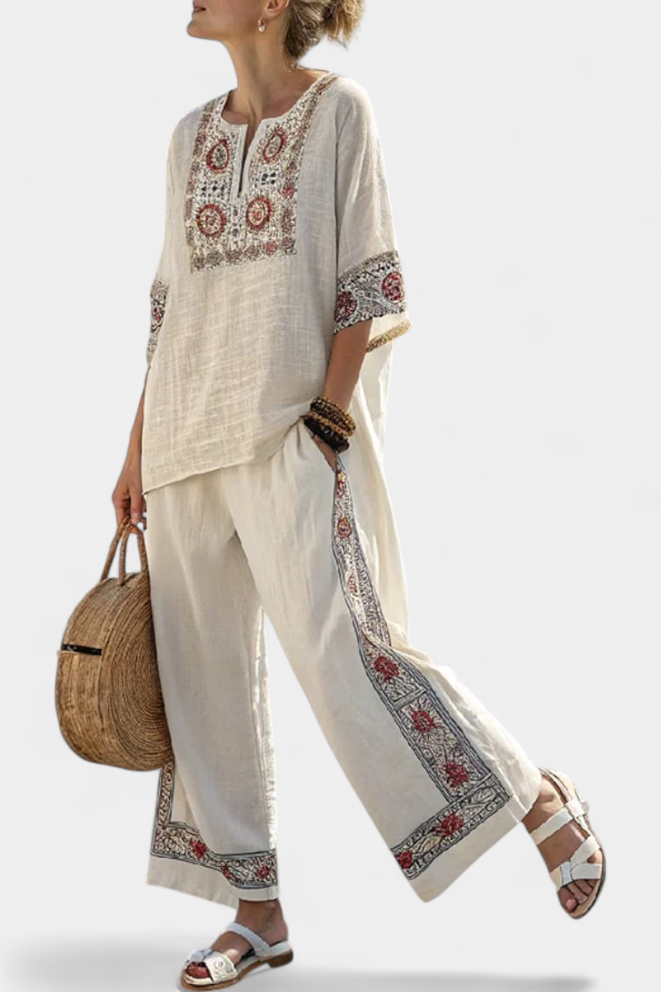Tameric | Sophisticated Embroidered Raw Blouse &amp; Wide Trousers